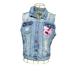 Ci Sono Denim Vest Womens Large Blue Pink Western Cowboy Boot Distressed